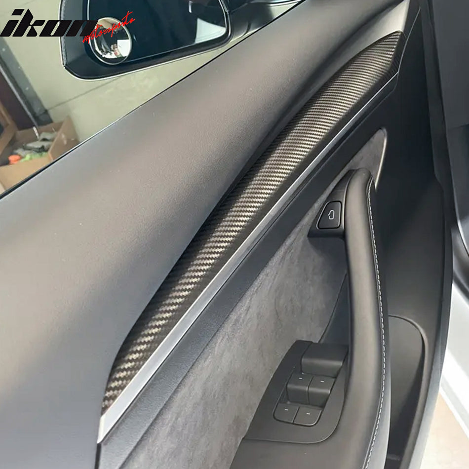 IKON MOTORSPORTS, Front Door Decorative Trim Compatible With 2021-2023 Tesla Model 3 & 2023 Model Y, ABS Matte Black Carbon Fiber Print Front Door Panel Armrest Cover Trim Interior Decoration 2PCS