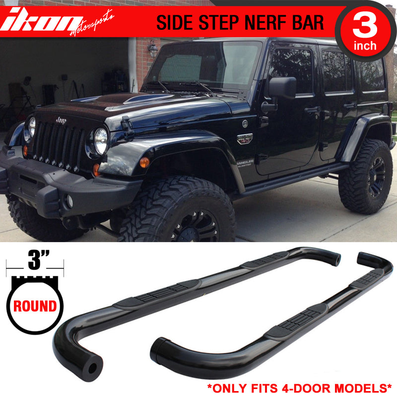 Side Step Bars Compatible With 2007-2018 Jeep Wrangler, Black Powder Coat Finish Heavy Duty Carbon Steel Running Boards Nerf Bars By IKON MOTORSPORTS, 2008 2009 2010 2011 2012 2013 2014 2015 2016