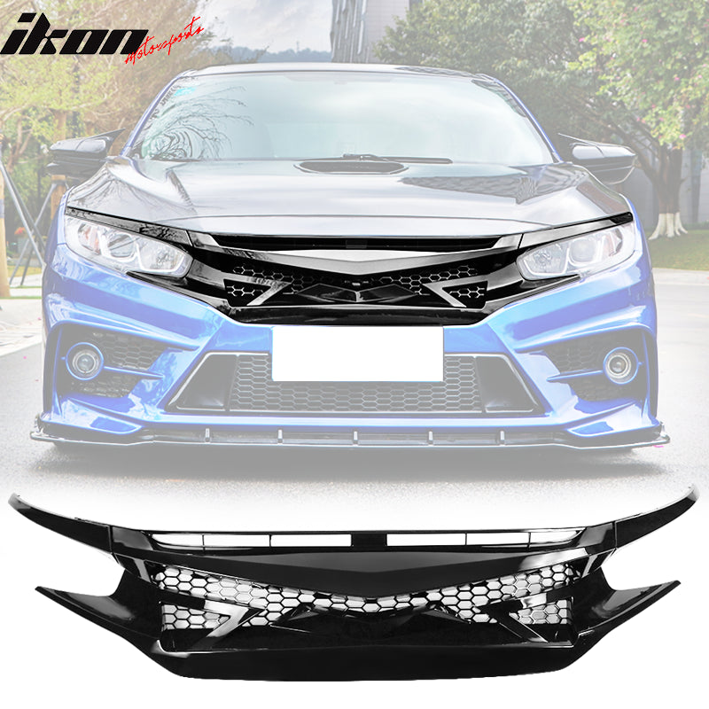 Fits 16-18 Civic 10th Gen OE Gloss Black Front Grille Hood Mesh Eye Lid ABS