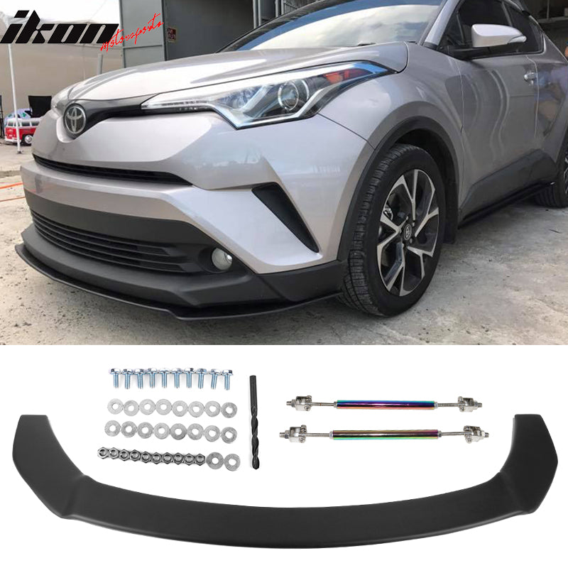 Fits 18-19 Toyota CHR Front Bumper Lip + Strut Rods Matte BlacK PP