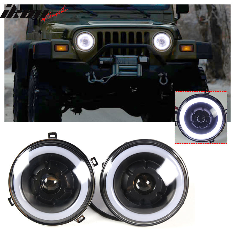 Headlights Compatible With 1997-2016 Jeep Wrangler, 7 Inch Halo Angel Eyes  Projector Head Lamps Black by IKON MOTORSPORTS – Ikon Motorsports