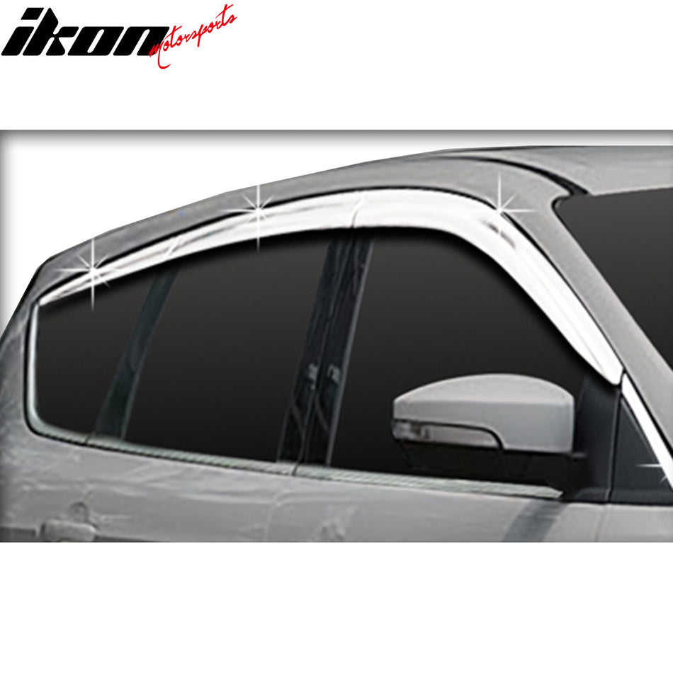 IKON MOTORSPORTS Tape On Window Visors Compatible with 2013-2019 Ford Escape, ABS Plastic Chrome Rain Guards, Side Window Wind Deflectors 8PCS