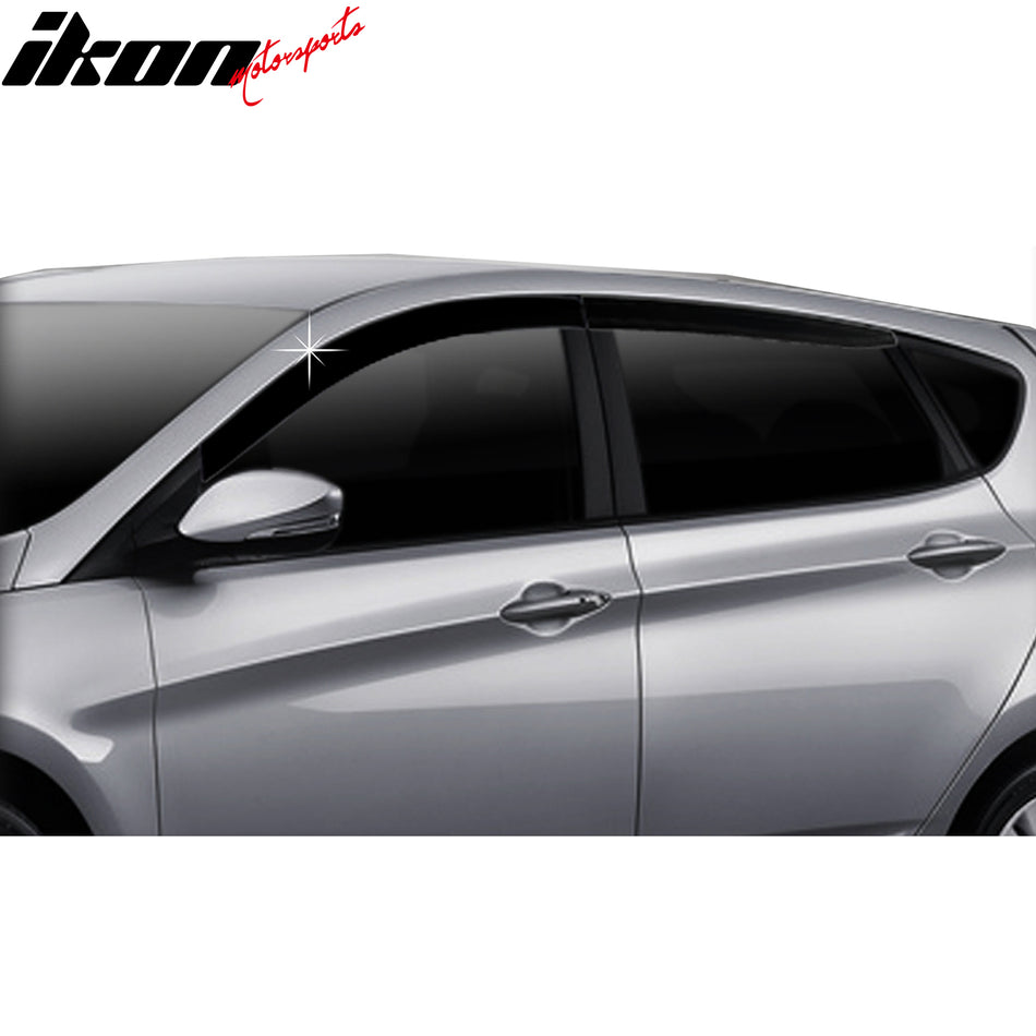 IKON MOTORSPORTS Tape on Window Visors Compatible with 2012-2017 Hyundai Accent Hatchback, ABS Dark Smoke Rain Guards, Side Window Wind Deflectors 4PCS