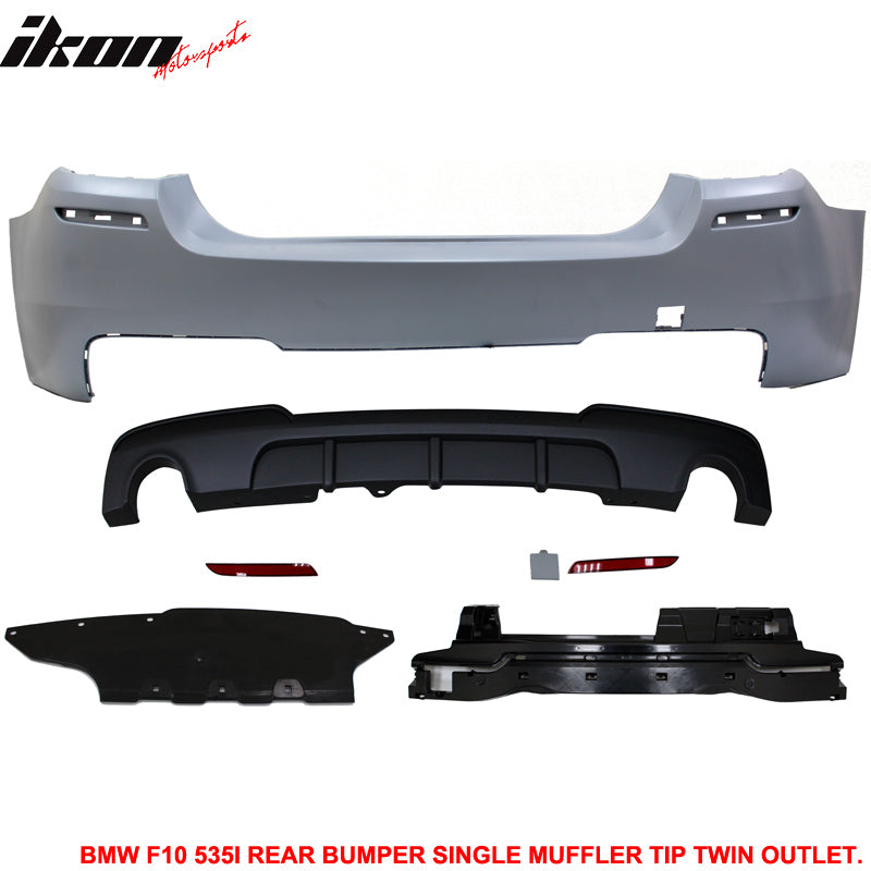 Rear Bumper Cover Compatible With 2011-2016 F10, 5 Series 535i M-Performance Rear Bumper Cover Single Muffler Twin Outlet PP by IKON MOTORSPORTS, 2012 2013 2014 2015