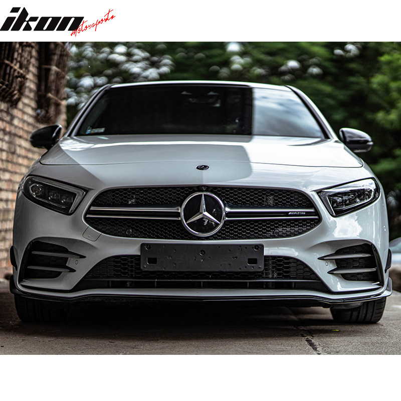 IKON MOTORSPORTS, Front Bumper Lip w/ Bumper Grille Chrome Moulding Compatible With 2020-2022 Benz W177 Sedan A35 AMG Bumper, A35 AMG Style Black Front Air Dam Chin Diffuser Bodykit Lip Splitter,2021