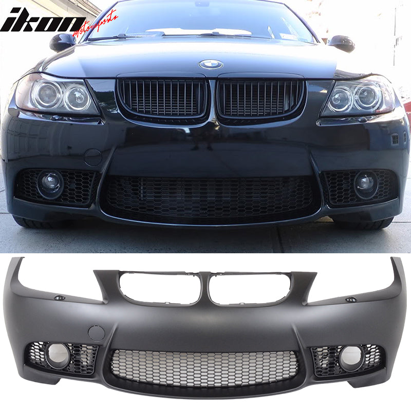 Front Bumper Cover + Foglight Fog Lamp Compatible With 2009-2011 E90 3-Series Sedan, M3 Style PP Unpainted Black Bumper Guard by IKON MOTORSPORTS