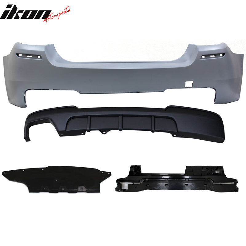 Rear Bumper Cover Compatible With 2011-2016 F10, 5 Series 528i M-Performance Rear Bumper Cover Twin Muffler Single Outlet PP by IKON MOTORSPORTS, 2012 2013 2014 2015