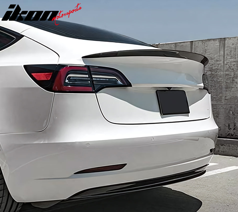 IKON MOTORSPORTS, Trunk Spoiler Compatible with 2017-2023 Tesla Model 3, Performance Style Black Carbon Fiber Rear Trunk Lid Spoiler Wing Lip