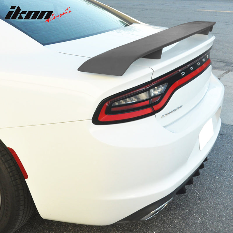 IKON MOTORSPORTS, Trunk Spoiler Compatible With 2011-2023 Dodge Charger, Primer Matte Black ABS Rear Tail Wing Boot Lid