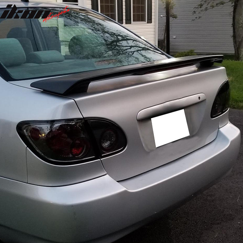 Trunk Spoiler Compatible With 2003-2008 Toyota Corolla, Factory Style ABS Matte Black With Brake Light Trunk Boot Lip Spoiler Wing Deck Lid By IKON MOTORSPORTS, 2004 2005 2006 2007