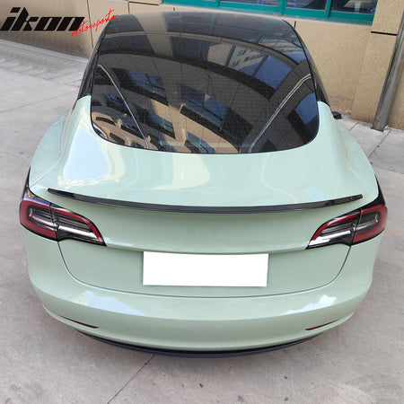 IKON MOTORSPORTS, Trunk Spoiler Compatible with 2017-2023 Tesla Model 3, Carbon Fiber Print ABS Plastic OE Style Rear Spoiler Wing, 2018 2019 2020 2021 2022