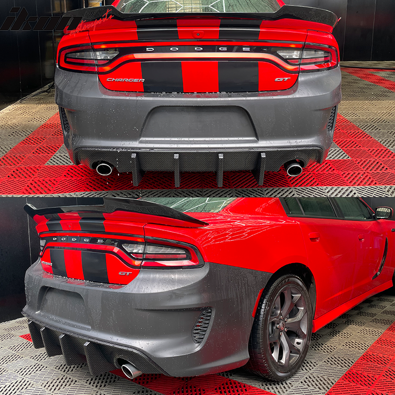 IKON MOTORSPORTS, Rear Bumper Compatible With 2015-2023 Dodge Charger, Widebody Style Rear Bumper & IKON Style Carbon Fiber Print Diffuser