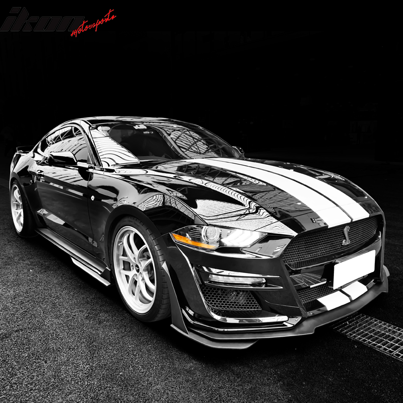 IKON MOTORSPORTS, Front Bumper Cover Compatible With 2018-2023 Ford Mustang, GT500 Style, Grille & Fog Light Vent, Lip, Splitters Kits, Painted
