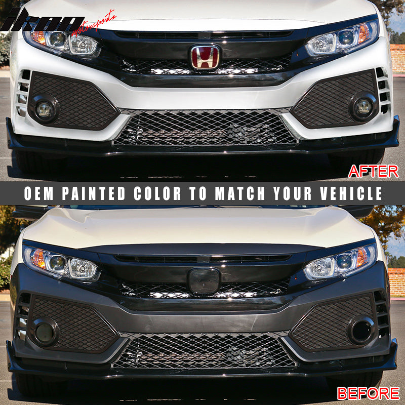 IKON MOTORSPORTS Prepainted Front Bumper + Grille Compatible With 2016-2021 Honda Civic, TR Black PP Injection & ABS Hood Bull Protection Boykits