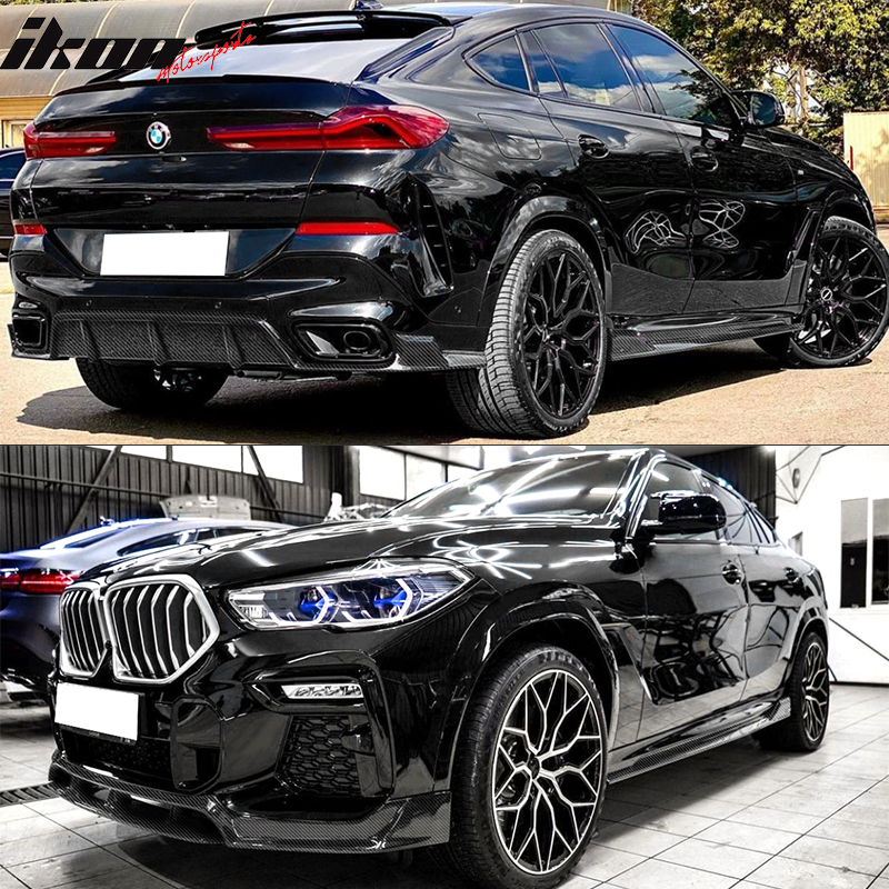 IKON MOTORSPORTS, Whole Kit Compatible With 2020-2023 BMW G06 X6 M Sport Only, IKON Style Carbon Fiber Print Front Bumper Lower Lip Rear Diffuser Left Right Side Skirts Bodykits Replacement