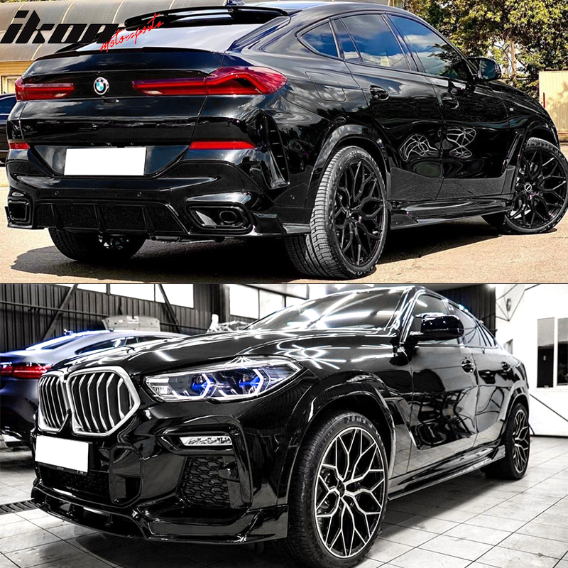 IKON MOTORSPORTS, Whole Kit Compatible With 2020-2023 BMW G06 X6 M Sport Only, IKON Style Gloss Black Front Bumper Lower Lip Rear Diffuser Left Right Side Skirts Bodykits Replacement