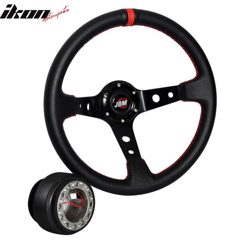 Black W/ Red Stitch PVC Leather Racing Steering Wheel 350MM + JDM Hub Adapter