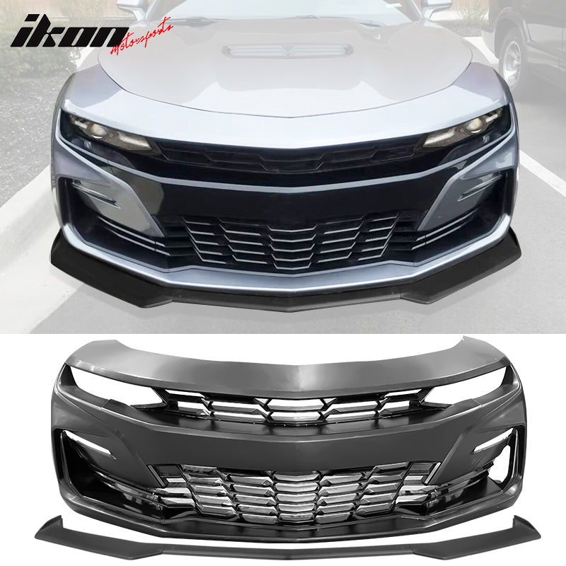 IKON MOTORSPORTS, Front Bumper Cover Kit Compatible With 2019-2023 Chevrolet Camaro LS / LT1 Trims, 19 SS Style Unpainted PP