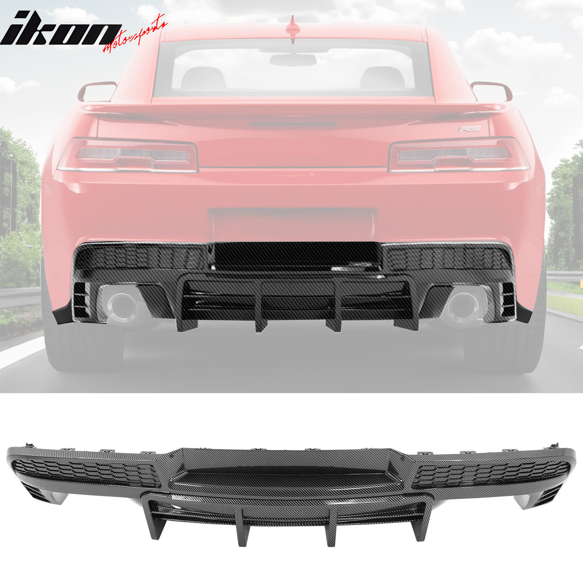 IKON MOTORSPORTS, Rear Diffuser Compatible With 2014-2015 Chevrolet Camaro, Ikon Style PP Lower Valance Spoiler Lip With Fin