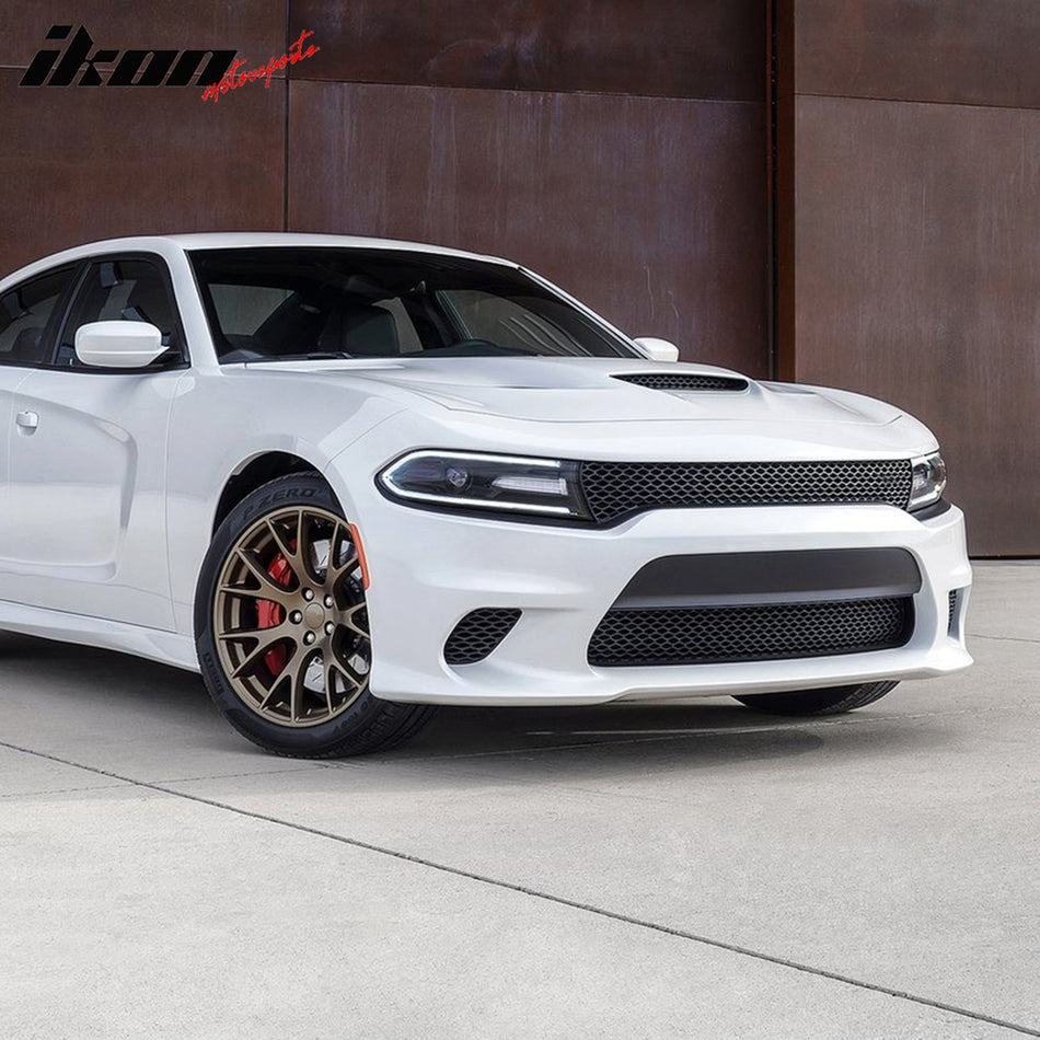 IKON MOTORSPORTS, Front Bumper Conversion Cover Compatible With 2015-2023 Dodge Charger, Unpainted 15 SRT Hellcat PP Front Fascia Support W/ Lower & Upper Grille + Fascia Applique + Fog Light Covers