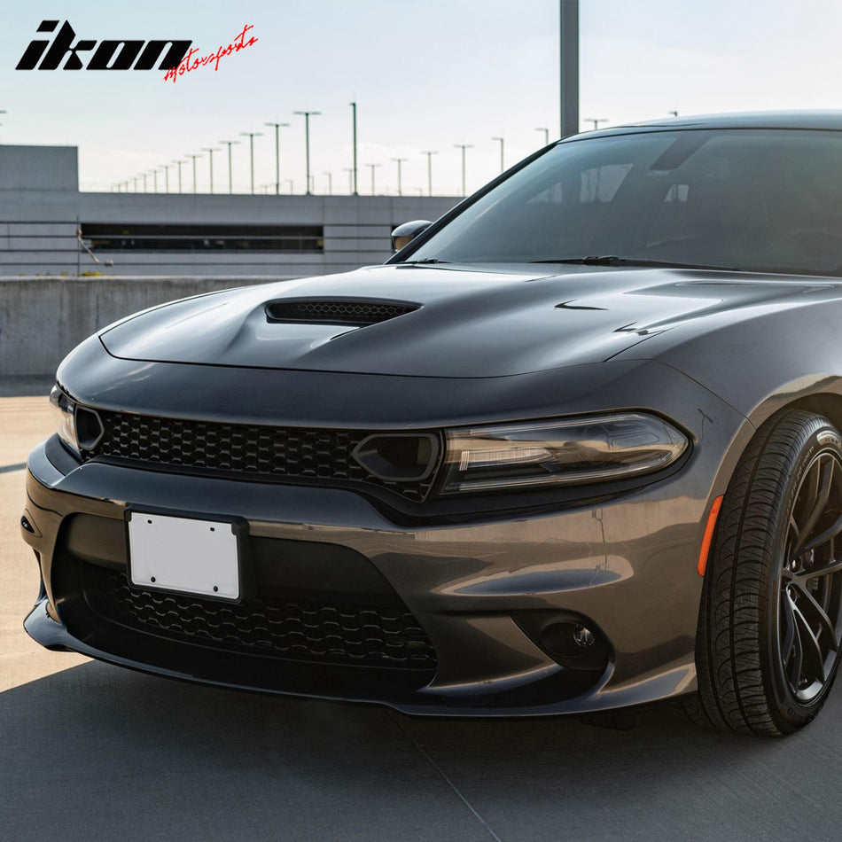 IKON MOTORSPORTS, Front Bumper Cover Compatible With 2015-2023 Dodge Charger Scat Pack/SRT 392/SRT Hellcat, 19 SRT Hellcat PP Fascia Support W/ Lower Upper Grille + Fascia Applique + Foglight W/ Cover