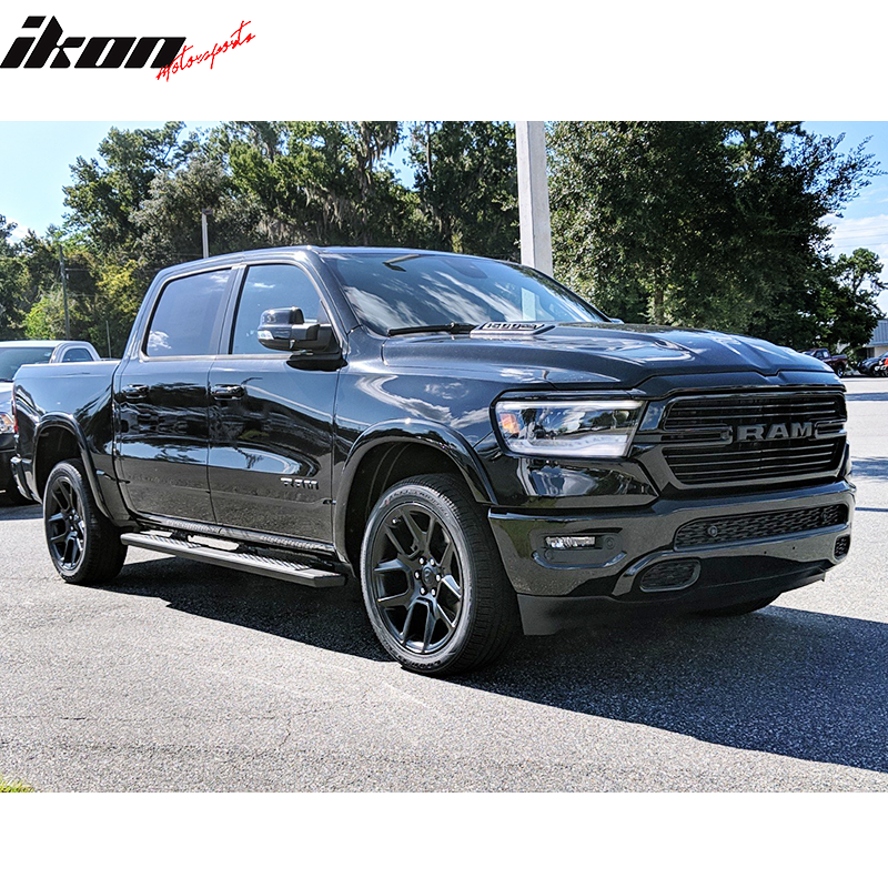 IKON MOTORSPORTS, Fender Flares W/Mud Guard Compatible with 2019-2024 Dodge Ram 1500, Factory Style 4PC Smooth Matte Black PP Truck Wheel Cover Protector