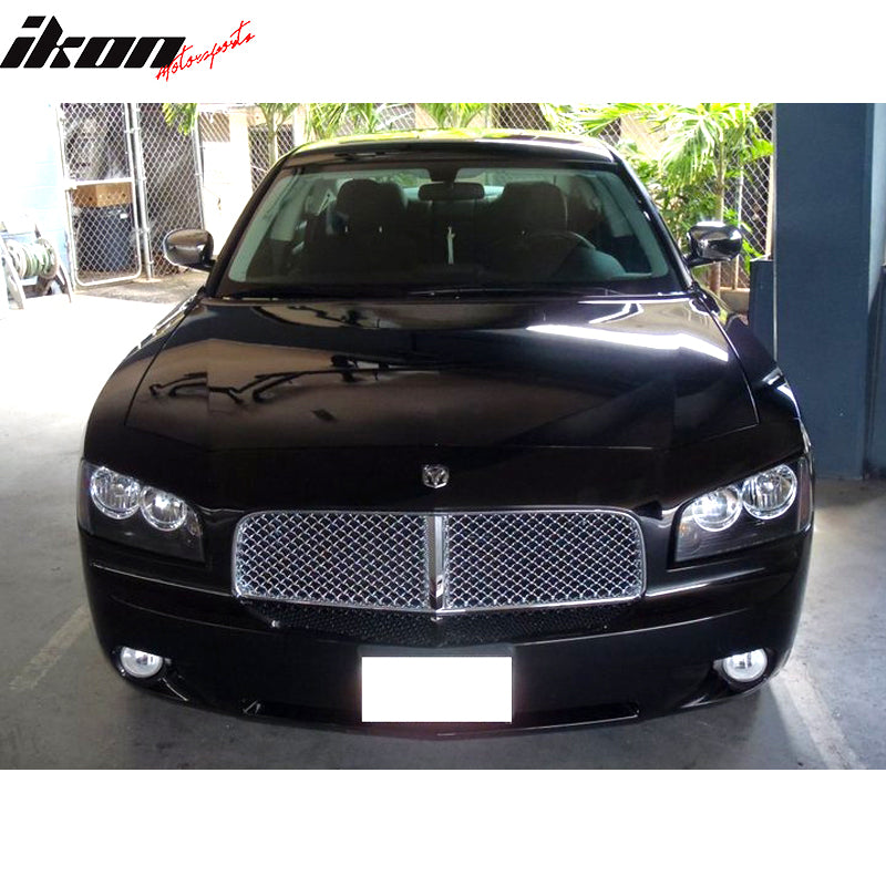 Grille Compatible With 2006-2010 DODGE CHARGER, Chrome mesh Style ABS Chrome Front Bumper Hood Grill by IKON MOTORSPORTS, 2006 2007 2008 2009
