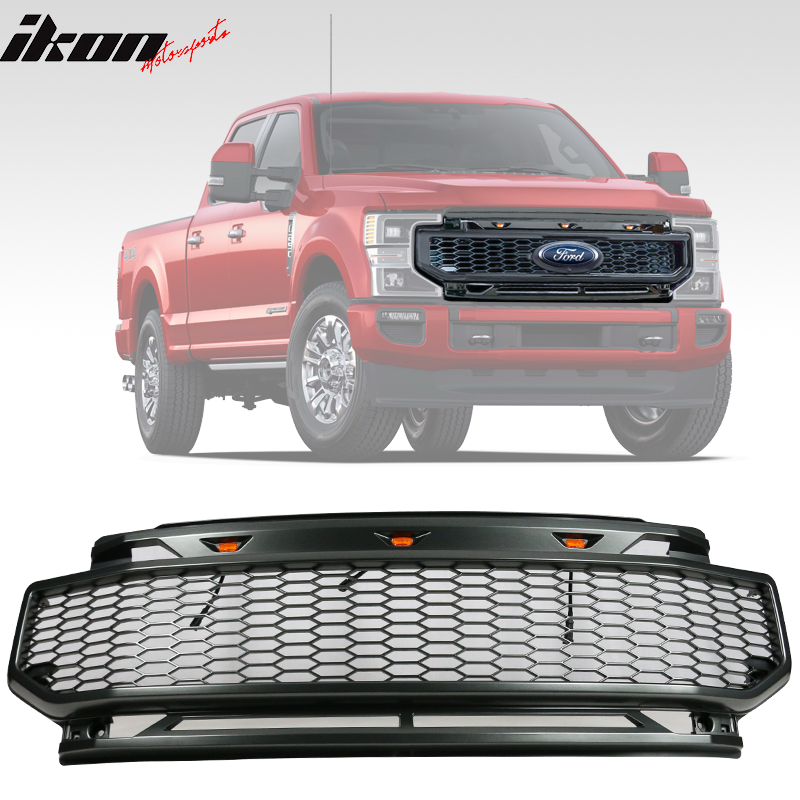IKON MOTORSPORTS, Grille Compatible With 2020-2022 Ford F250 F350 F450 F550 F600 Super Duty, ABS Plastic R Style Front Bumper Upper Grill with 3 Amber Lights