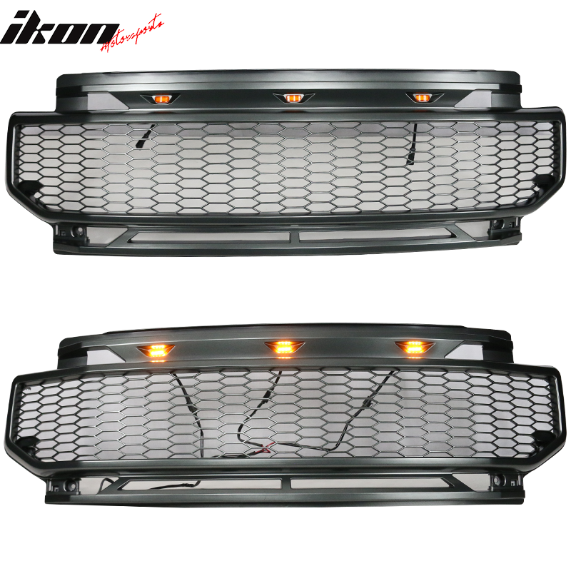 IKON MOTORSPORTS, Grille Compatible With 2020-2022 Ford F250 F350 F450 F550 F600 Super Duty, ABS Plastic R Style Front Bumper Upper Grill with 3 Amber Lights