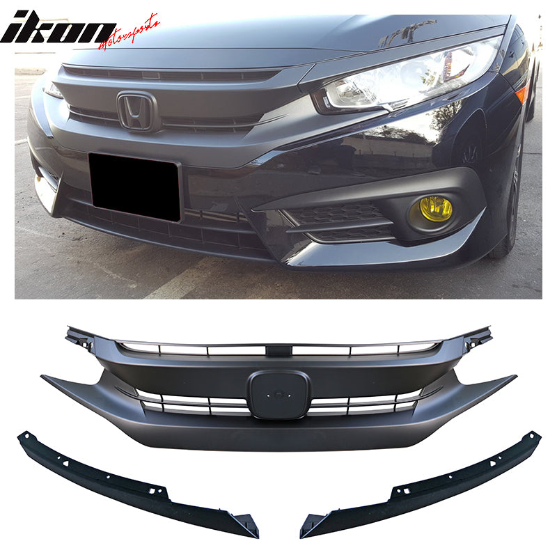 Battle Style Front Upper Grille For 2016-2018 Honda Civic Sedan Coupe - Black ABS, Replaces 68431JA00A