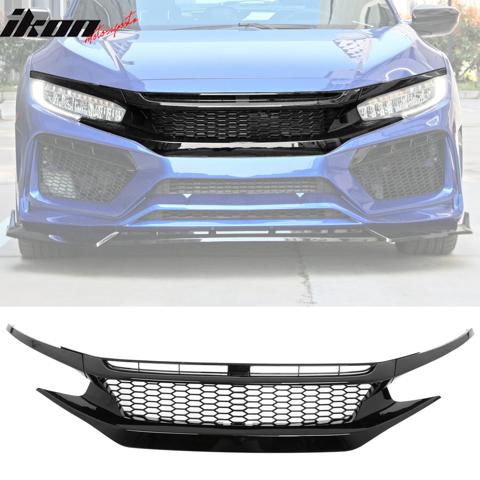 2019-2021 Honda Civic Gloss Black Honeycomb Front Upper Grille ABS