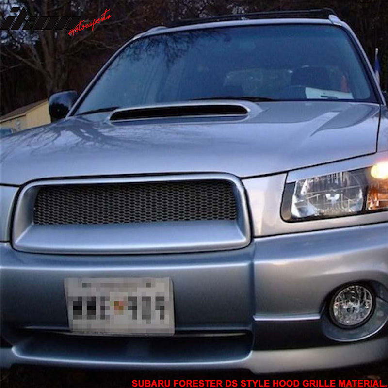 Front Hood Compatible With 2003-2005 Subaru Forester, DS Style Black with Mesh PU Hood Bumper Vent Mesh Grille by IKON MOTORSPORTS
