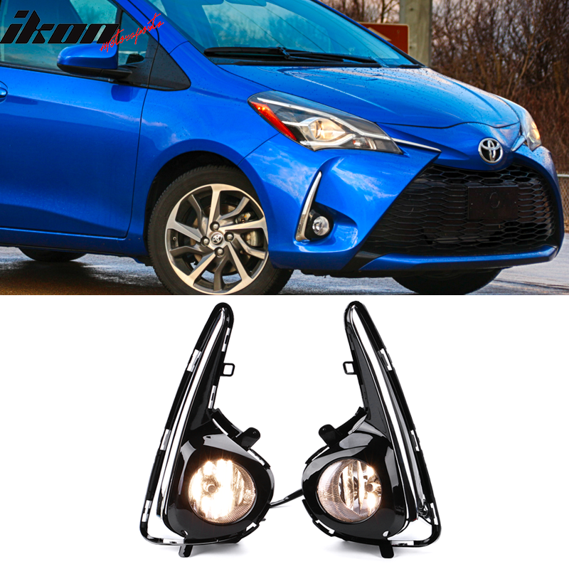 IKON MOTORSPORTS, Fog Lights Compatible 2018-2019 Toyota Yaris, Factory Style Black and Clear ABS Glass Cover, Pair Fog Lamps+Wiring – Ikon Motorsports
