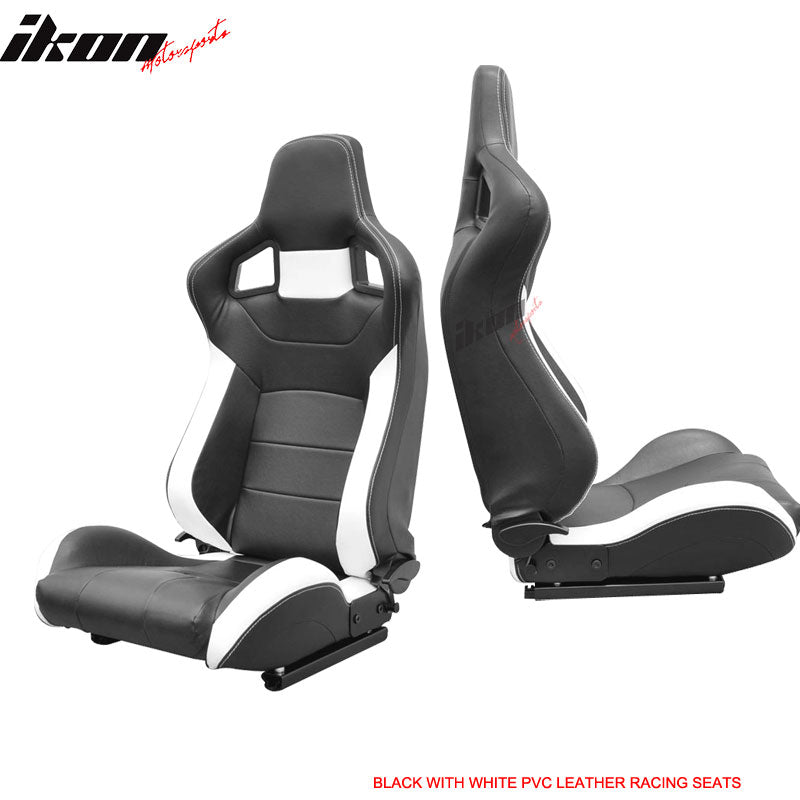 Universal Pair Reclinable Sport Racing Seats PVC Leather Black White & Slider