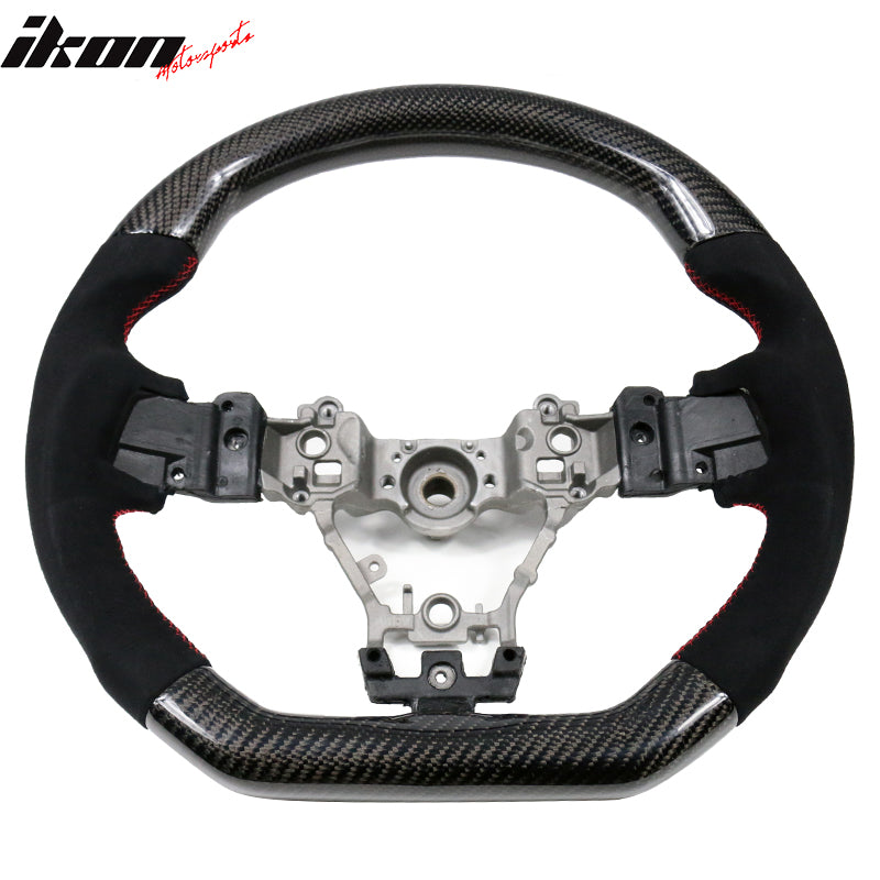 IKON MOTORSPORTS Steering Wheel Compatible With 2015-2021 Subaru WRX & STI w/ Breathable Anti-Slip Cover  CF + Perforated Leather + Red Stitching