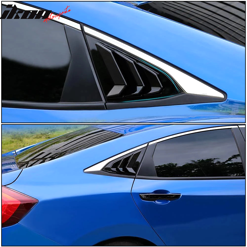 IKON MOTORSPORTS, Window Louvers Compatible With 2016-2021 Honda Civic Sedan 4-Door, Gloss Black Rear Window Side Louvers Cover Vent 2PCS, 2017 2018 2019 2020