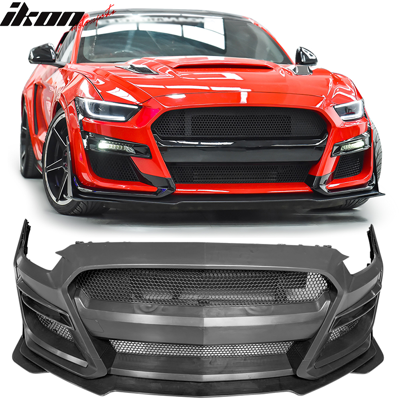 IKON MOTORSPORTS, Painted Front Bumper Cover Compatible With 2015-2017 Ford Mustang, GT500 Style Front Bumper Conversion Replacement W/ Grille & Fog Light Cover & Front Lip Splitters PP, 2016