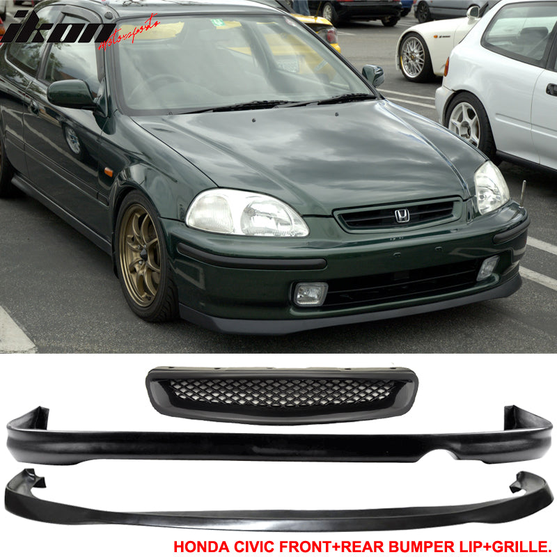 Fits Honda Civic 96-98 2 SIR Front Rear Bumper Lip + T-R Front Grille