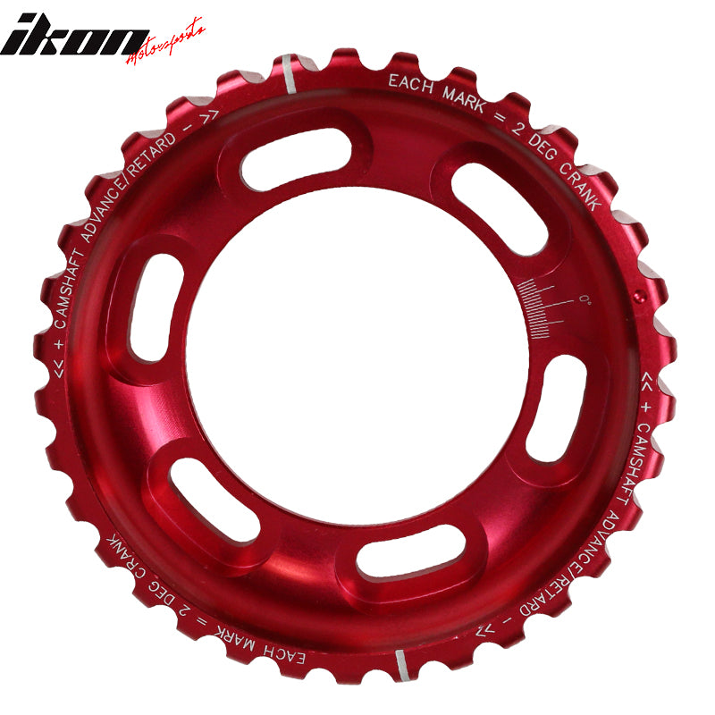IKON MOTORSPORTS, Cam Gear Compatible With 1995-1999 Mitsubishi Eclipse, Hayame Style Red Aluminum Adjustable Cam Gear Device, 1996 1997 1998