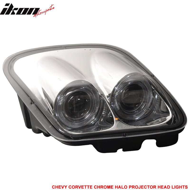 Lights Compatible With 1997-2004 Chevy Corvette, Halo Rims Projector Headlights Chrome Housing by IKON MOTORSPORTS, 1998 1999 2000 2001 2002 2003