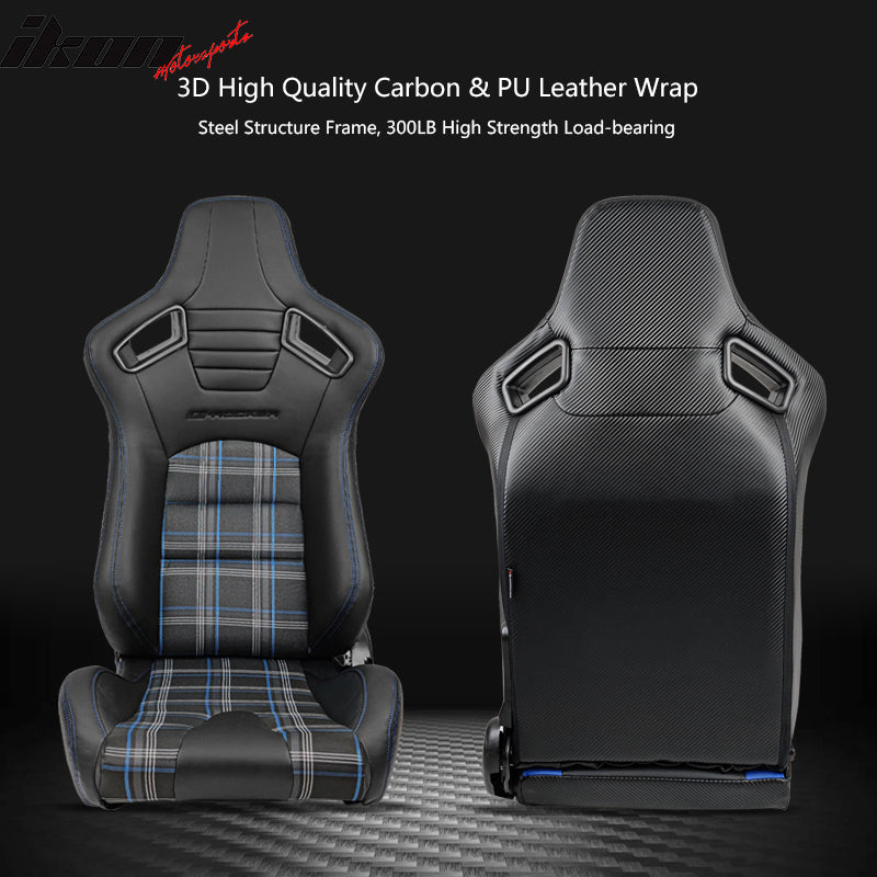 IKON MOTORSPORTS, Universal Racing Seats Pair with Dual Sliders, PU & Plaid Fabric & Carbon Leather Reclinable Left Driver Side Right Passenger Side