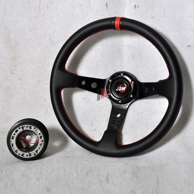 Black W/ Red Stitch PVC Leather Racing Steering Wheel 350MM + JDM Hub Adapter