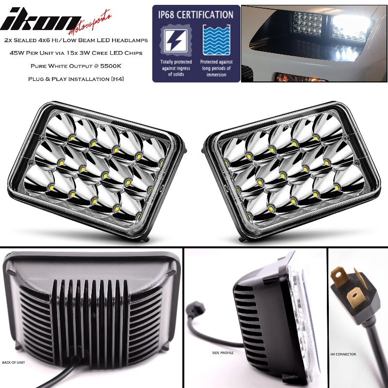 Universal 6x4 LED Crystal Clear Sealed Beam Headlights Headlamp