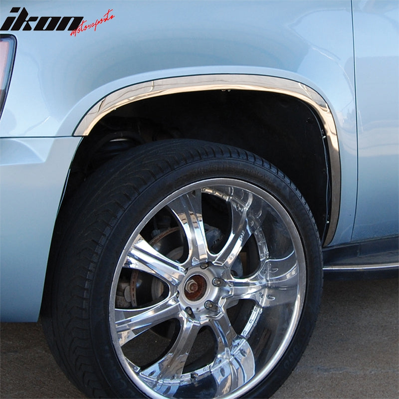 IKON MOTORSPORTS, Fender Flares Compatible With 2007-2014 Chevrolet Tahoe/GMC Yukon/Cadillac Escalade, Mirror Finish Stainless Steel Car Wheel Cover Eyebrow Arches Trim Protectors Set
