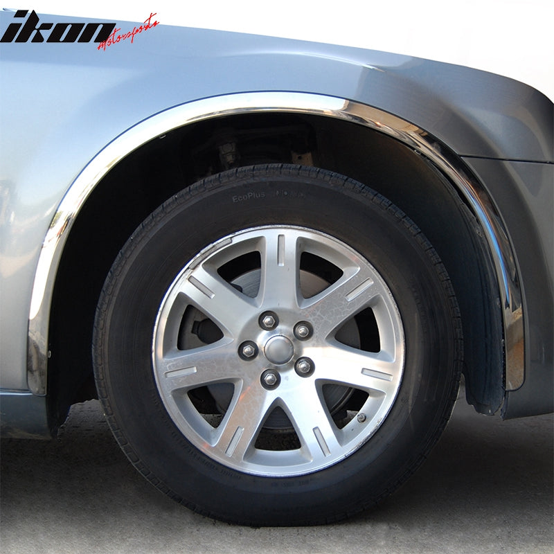 IKON MOTORSPORTS, Fender Flares Compatible With 2005-2010 Chrysler 300, Mirror Finish Stainless Steel Fender Flares Wheel Cover Protector Bodykits