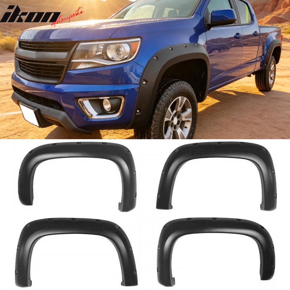 2015-2021 Chevrolet Colorado 74.0" (6'2") Long Bed 4PCS Wheel Arch Fender Flares Replacement Rivet Bolt Style Black ABS Plastic