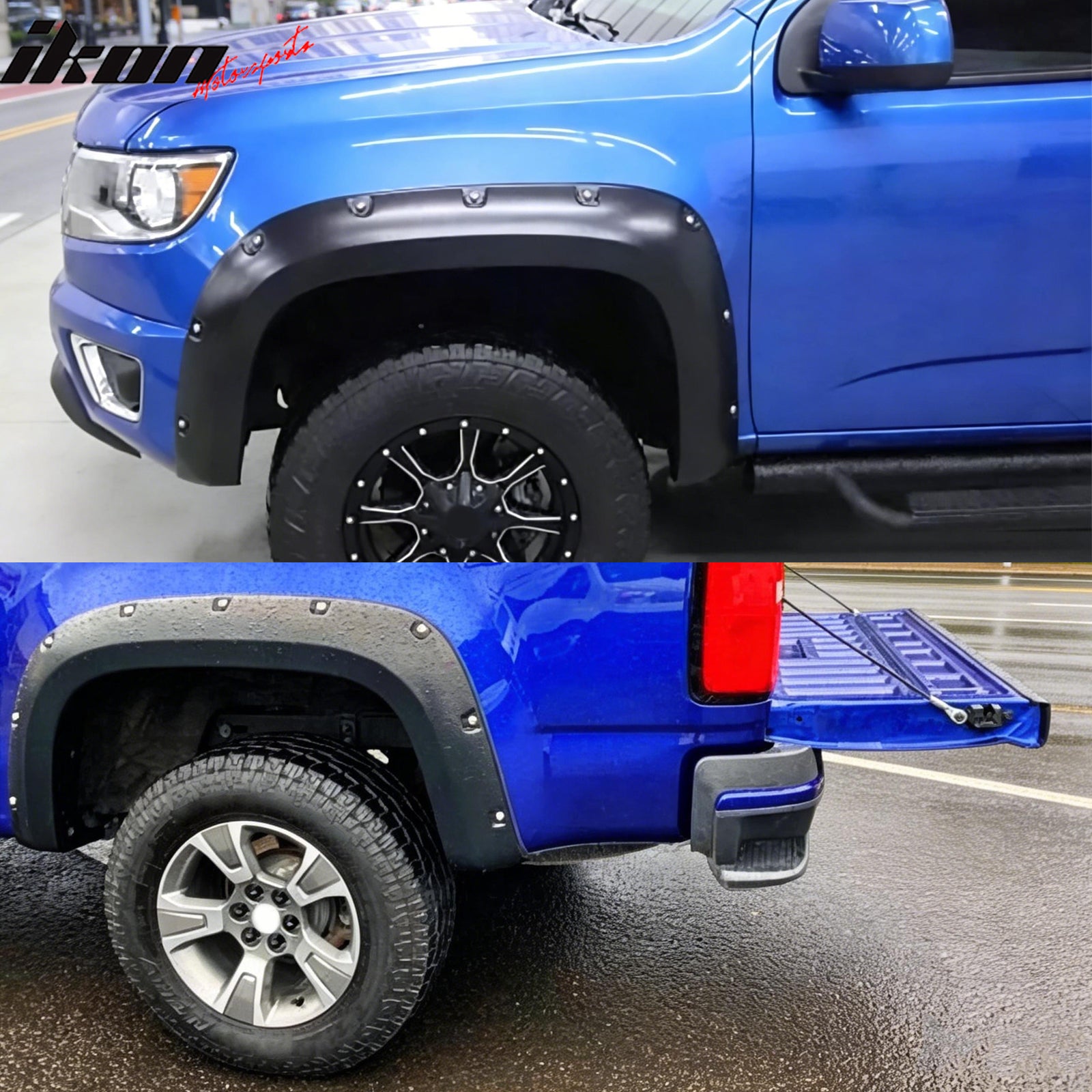 IKON MOTORSPORTS Fender Flares Compatible with 2015-2021 Chevrolet Colorado 74.0" (6'2") Long Bed, Rivet Bolt Style Black ABS Plastic Wheel Flare Cover Protector Set, 4PCS, Front & Rear