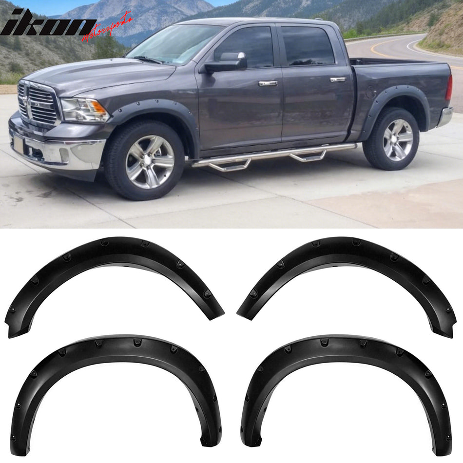 2009-2018 Dodge Ram 1500 4PCS Wheel Arch Fender Flares Replacement Pocket Rivet Style Textured Black