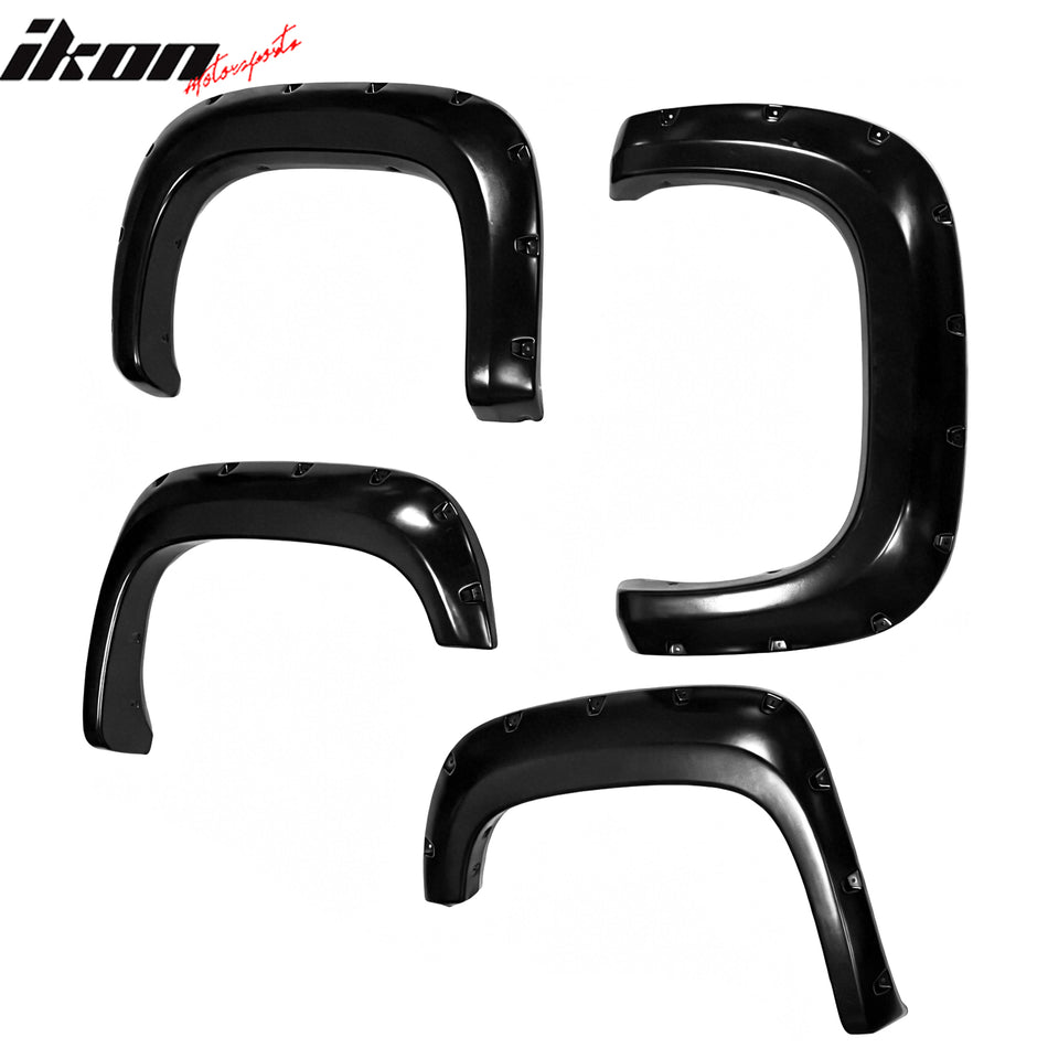 IKON MOTORSPORTS Fender Flares Compatible with 2011-2014 GMC Sierra 2500 3500 HD Full Size 78.7"/97.6" Long Bed, Pocket Rivet Style Smooth Black ABS Wheel Flare Cover Protector Set, 4Pcs, Front & Rear