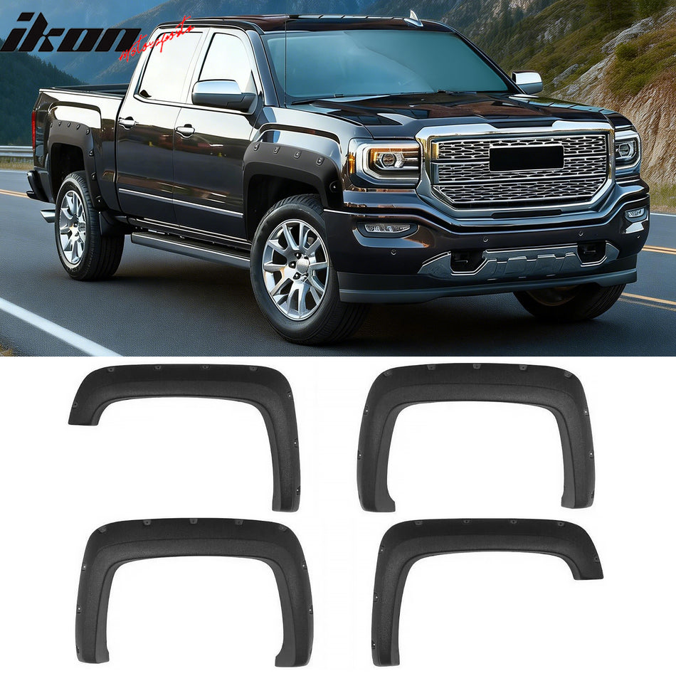 2007-2013 GMC Sierra 1500 69.3"/78.7"/97.6" Bed 4PCS Wheel Arch Fender Flares Replacement Rivet Pocket Style Textured Black
